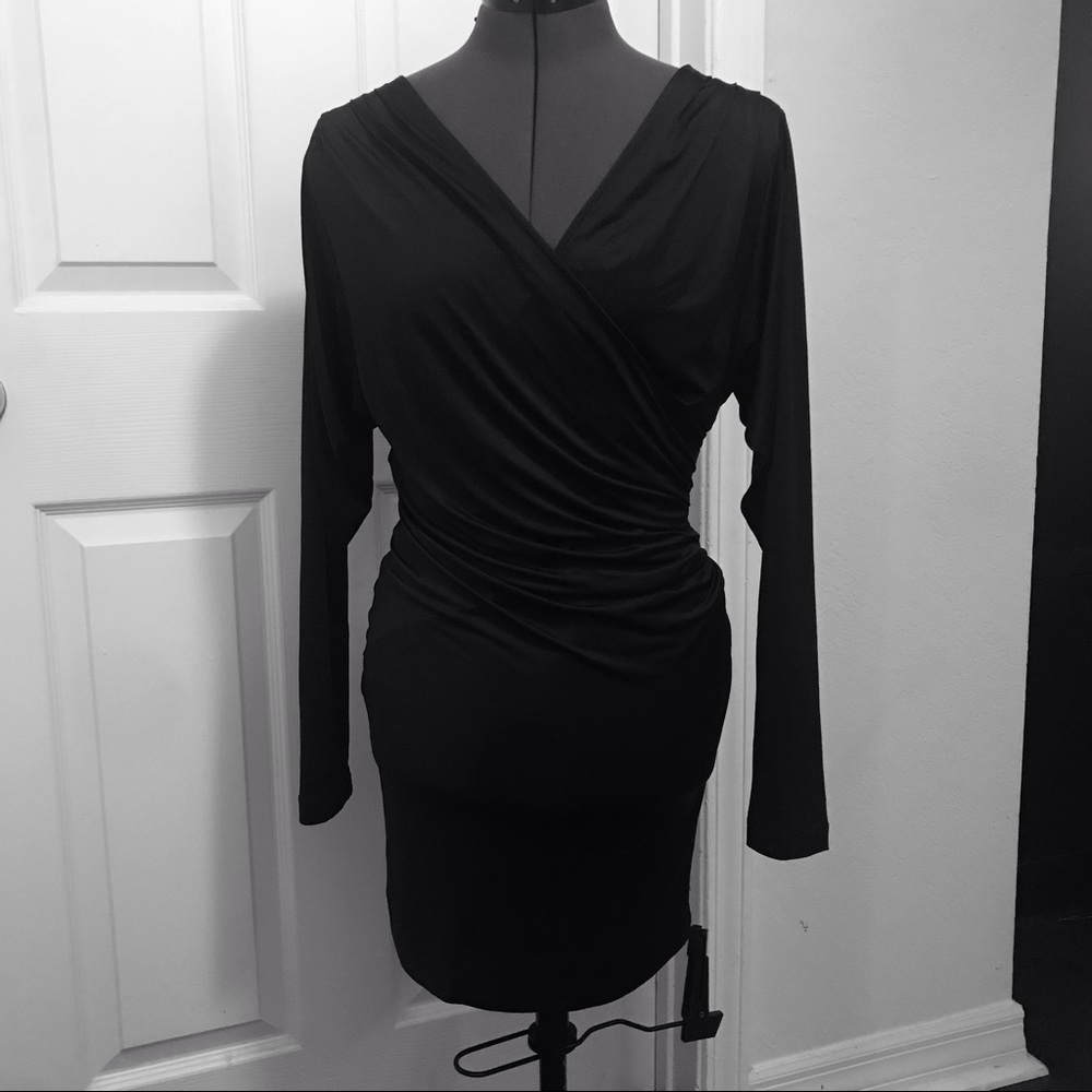 Black Stretch Satin Bodycon Mini Dress Long Sleeves Surplice V-Neck & Open Back